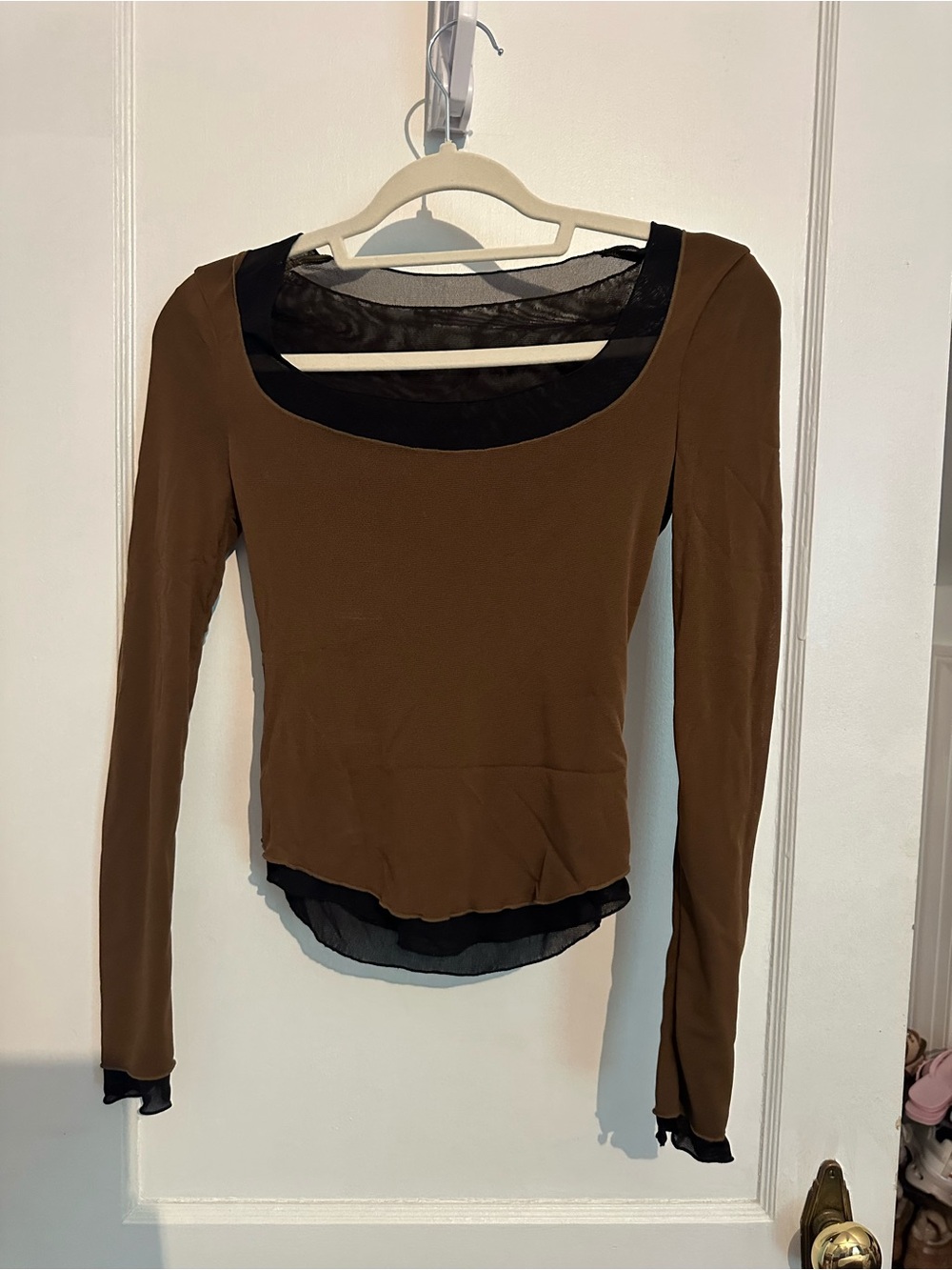 Free People Brown Long Sleeve Scoop Neck Top with Black Trim